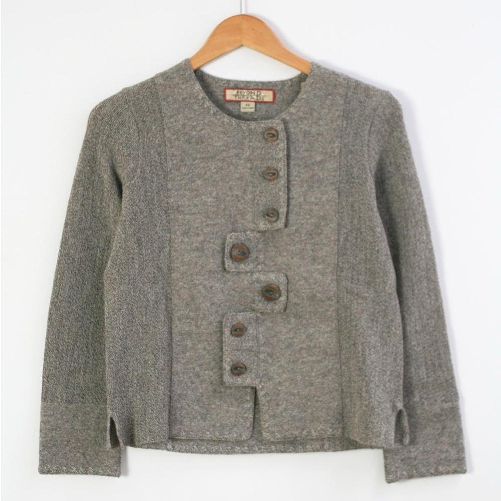 Beyond Threads Tabs Alpaca Wool Cardigan Size Large Wooden Buttons Grey Brown